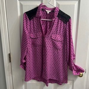Pink and black heart chiffon top with lace shoulders